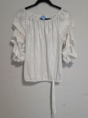 CeCe White Blouse with Gold Metallic Stripes
